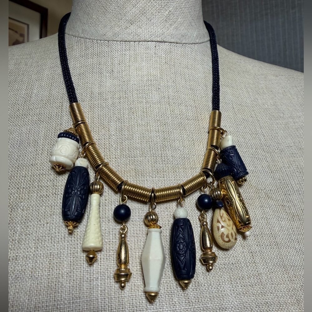Casual Corner Navy Blue & Gold Beaded Statement Necklace